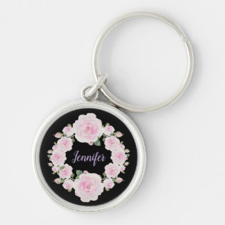 Soft Pink Roses Wreath Name Round Metal Keychain