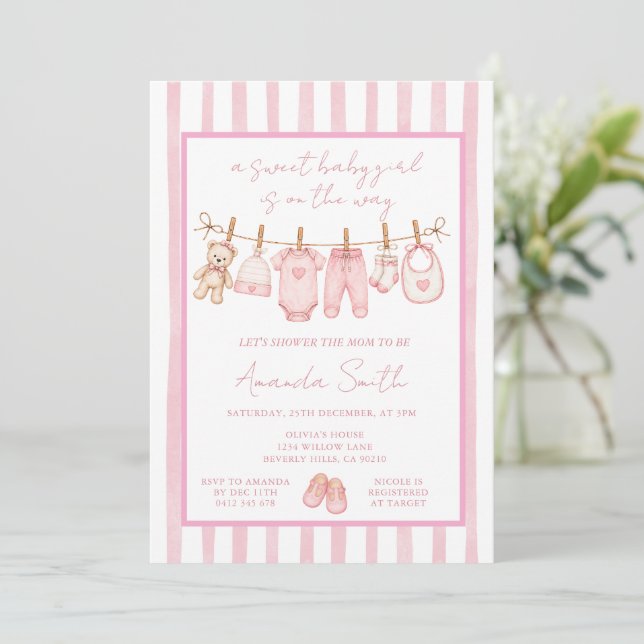 Soft Pink Rustic Hanging Clothesline Baby Shower  Invitation (Standing Front)