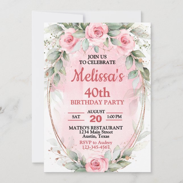 Soft Pink & Sage Green Roses Any Year Birthday Invitation (Front)