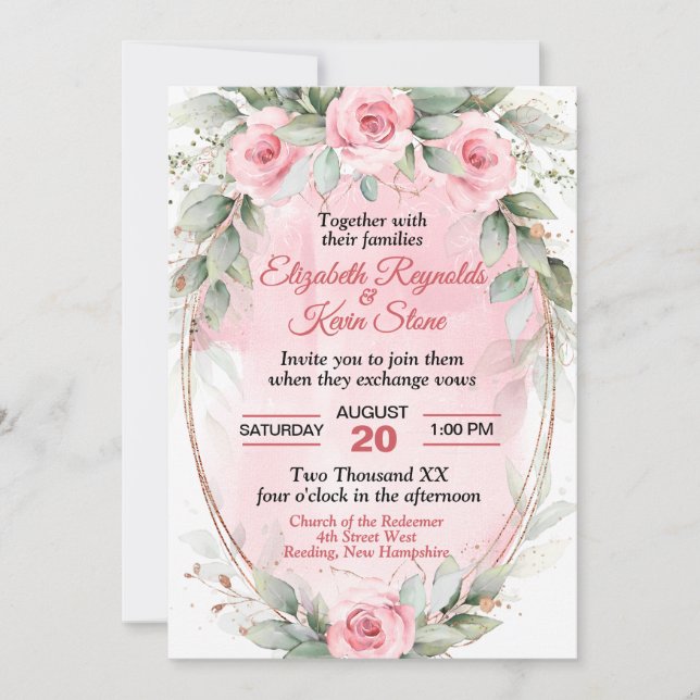 Soft Pink & Sage Green Roses Wedding Invitation (Front)