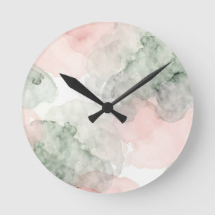 Soft Pink Sage Green Watercolor Abstract Pattern Round Clock