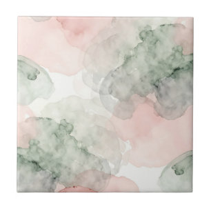 Soft Pink Sage Green Watercolor Abstract Pattern Tile