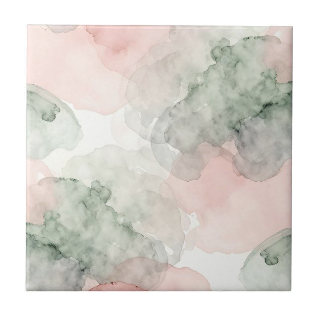 Soft Pink Sage Green Watercolor Abstract Pattern Tile (Front)