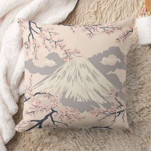 Soft Pink Sakura Mount Fuji Scenic Pattern Cushion