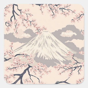 Soft Pink Sakura Mount Fuji Scenic Pattern Square Sticker