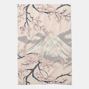 Soft Pink Sakura Mount Fuji Scenic Pattern Tea Towel