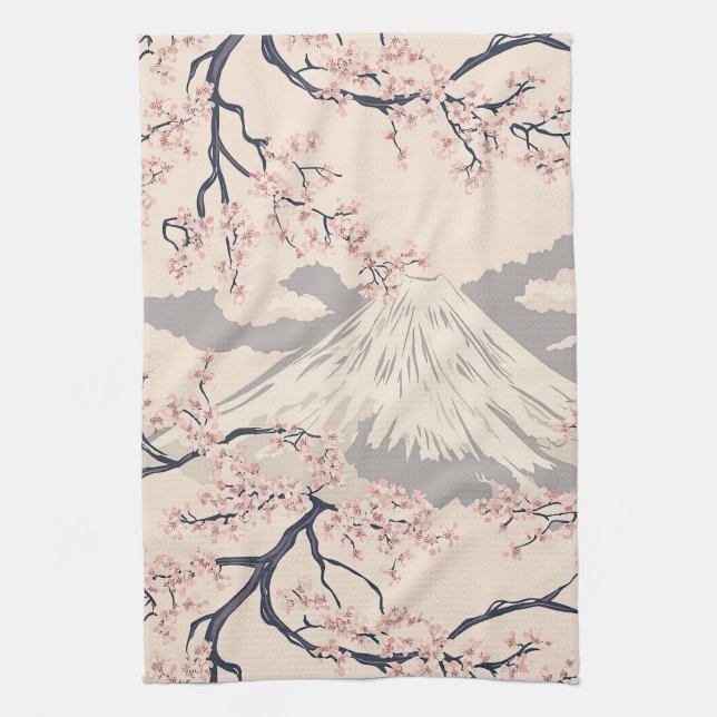 Soft Pink Sakura Mount Fuji Scenic Pattern Tea Towel (Vertical)