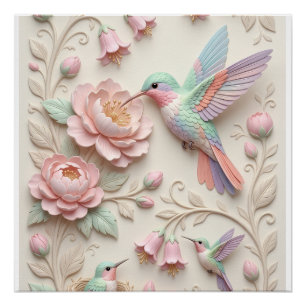 Soft Pink Sculpted Birds And Flowers Pattern Fleec Poster