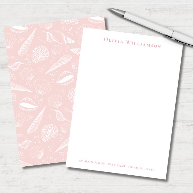 Soft Pink Sea Shell Coastal Card (Soft pink and white seashell personalized stationery note cards in portrait format)
