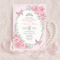 Soft Pink Silver Quinceañera Rose Flower Butterfly