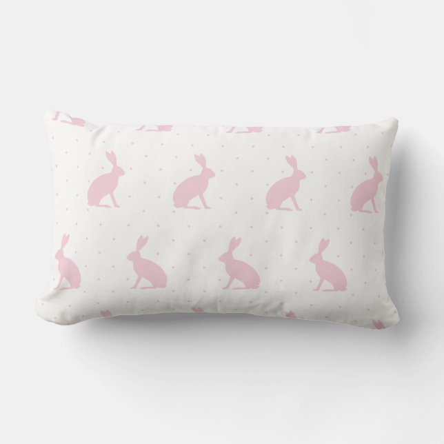 Soft Pink Sitting Bunnies with Mini Dots Pattern. Lumbar Cushion (Front)