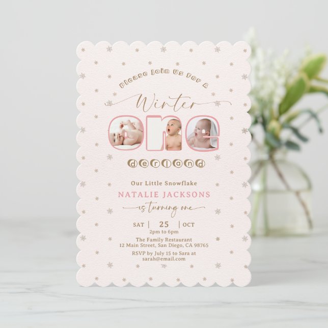 Soft Pink Snowflake Winter Onederland 1st Birthday Invitation (Standing Front)