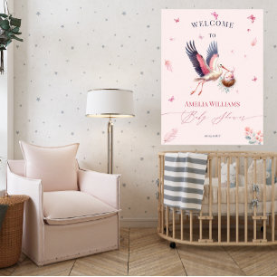 Soft Pink Stork Butterflies Welcome Baby Shower Poster