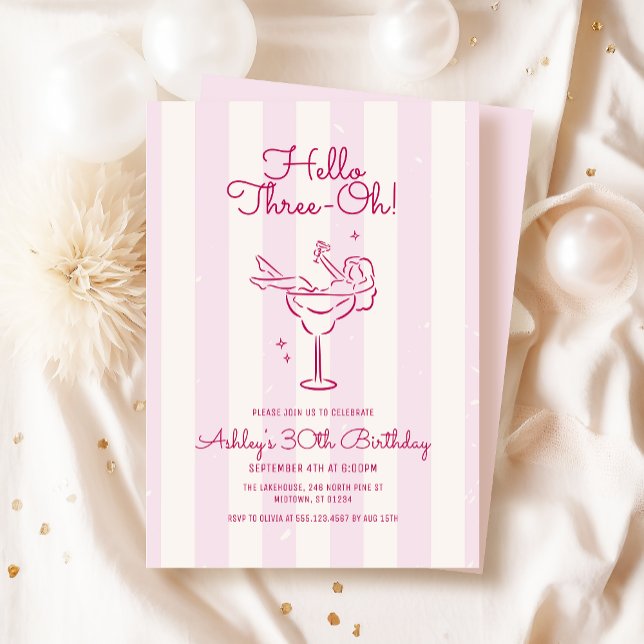 Soft Pink Stripe Hand Drawn Cocktail 30th Birthday Invitation (Creator Uploaded)