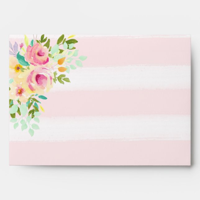Soft Pink Stripes Floral Watercolor Envelope (Front)