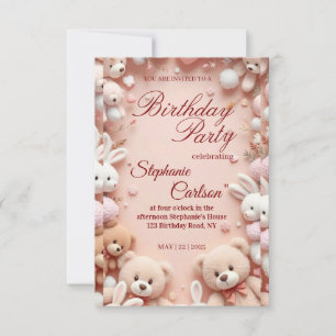 Soft Pink Teddy Bear Birthday Invitation