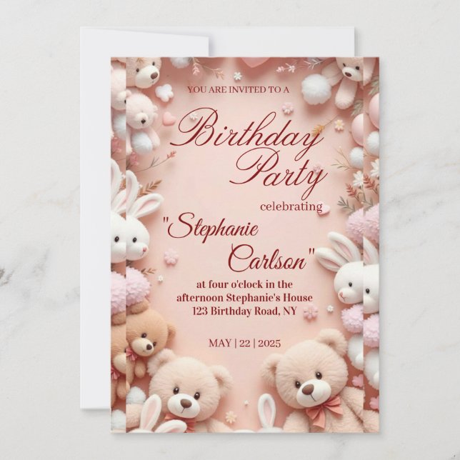 Soft Pink Teddy Bear Birthday Invitation (Front)