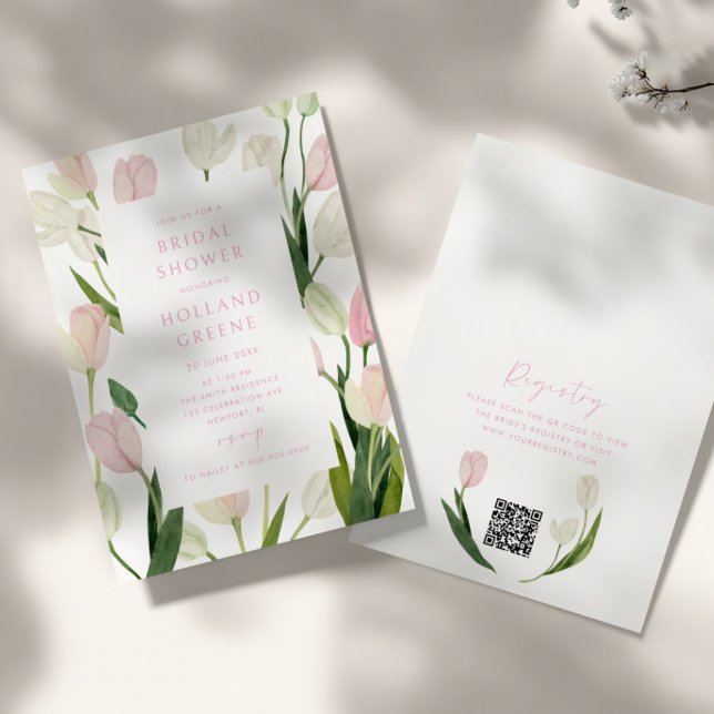 Soft Pink Tulip QR Code Bridal Shower Invitation (Creator Uploaded)
