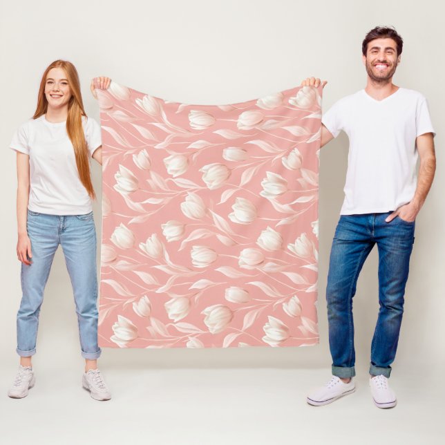 Soft Pink Tulip White Floral Pattern Fleece Blanket (In Situ)