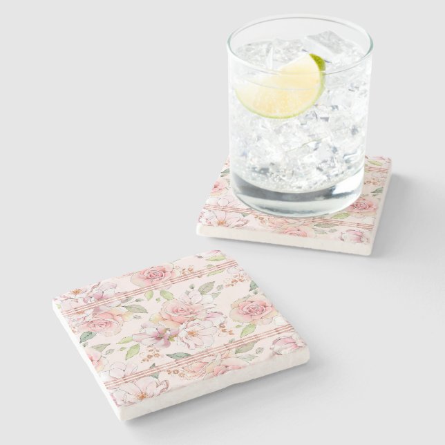 Soft pink vintage roses pattern stone coaster (Side)