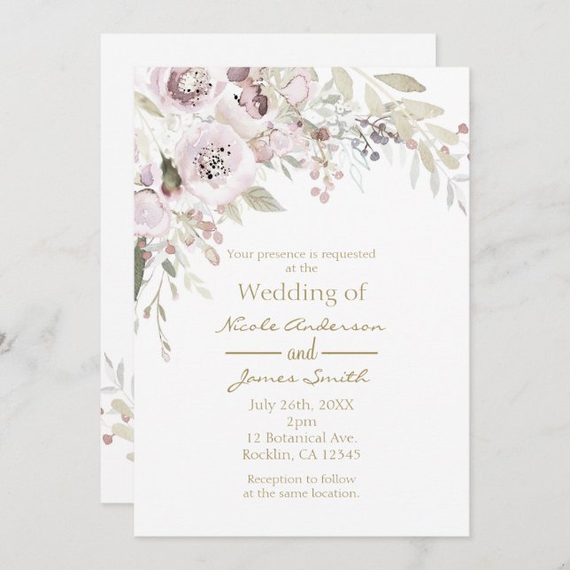 Soft Pink Watercolor Elegant Floral Wedding Bridal Invitation (Front/Back)