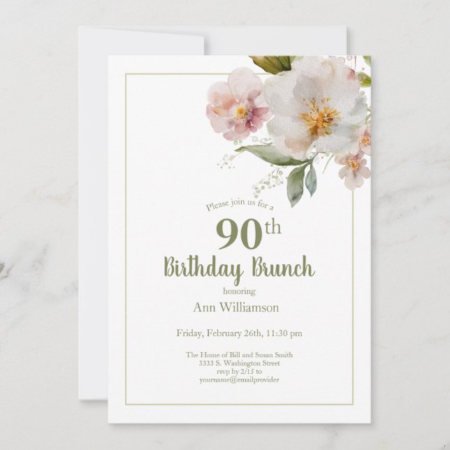 Soft Pink Watercolor Floral 90th Birthday Brunch Invitation (Front)
