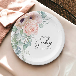 Soft Pink Watercolor Floral Girl Baby Shower Paper Plate