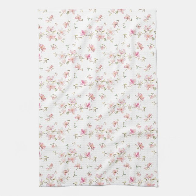 Soft Pink Watercolor Flower Pattern Tea Towel (Vertical)