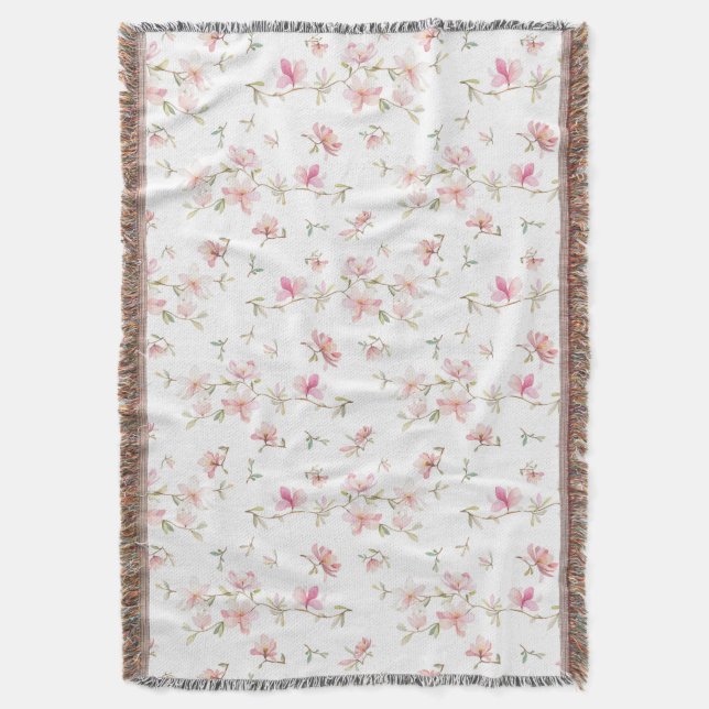 Soft Pink Watercolor Flower Pattern Throw Blanket (Front Vertical)