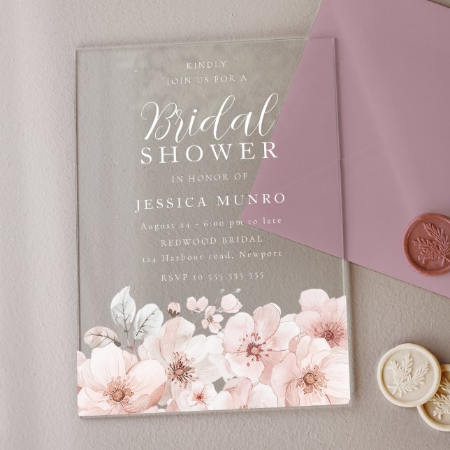 Soft Pink Watercolor Flowers Bridal Shower Acrylic Invitations (Creator Uploaded)