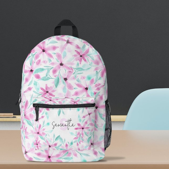 Soft Pink Watercolor Flowers with Green Leaves Printed Backpack (Creator Uploaded)