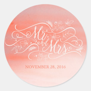 Soft Pink Watercolor Modern Typography Wedding Classic Round Sticker