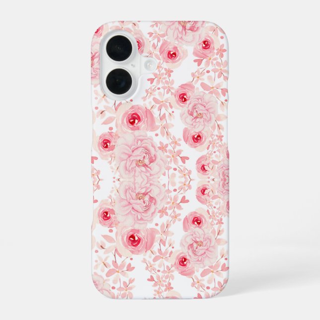 Soft Pink Watercolor Rose Seamless Pattern iPhone 16 Case (Back)