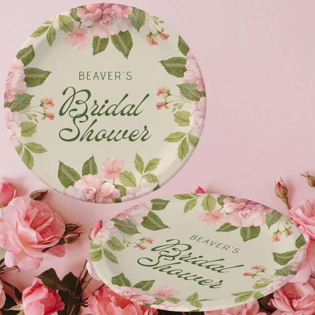 Soft Pink Watercolor Roses Bridal Shower Paper Paper Plate (Creator Uploaded)