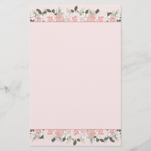Soft Pink Watercolor Roses Floral Border Stationery (Front)
