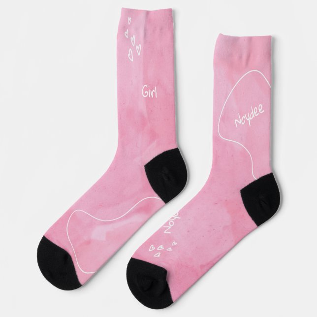 Soft pink watercolor with white name socks (Left)