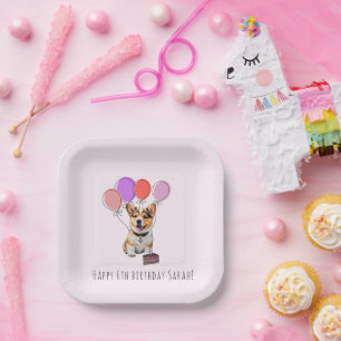 Soft Pink White Airy Whimsical Corgi Birthday Paper Plate