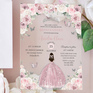 Soft Pink White Floral Princess Quinceañera XV 16 Acrylic Invitations