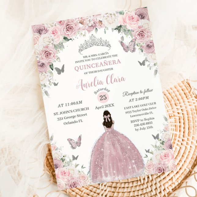 Soft Pink White Floral Princess Quinceañera XV 16 Invitation (Creator Uploaded)