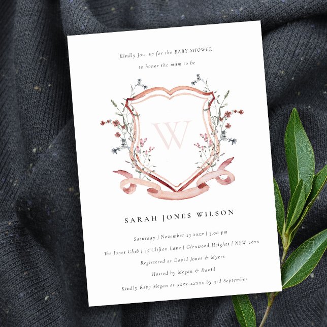Soft Pink Wildflower Monogram Crest Baby Shower Invitation (Creator Uploaded)
