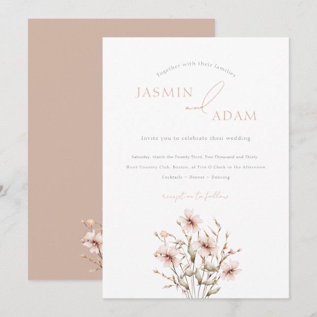 Soft Pink Wildflower Monogram Minimalist Wedding Invitation (Front/Back)