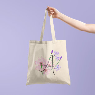 Soft pink wildflowers with your initial 1 side tote bag