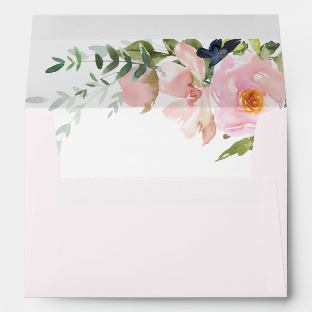 Soft Pink with Blush Pink Floral Spray Wedding Envelope (Back (Bottom))