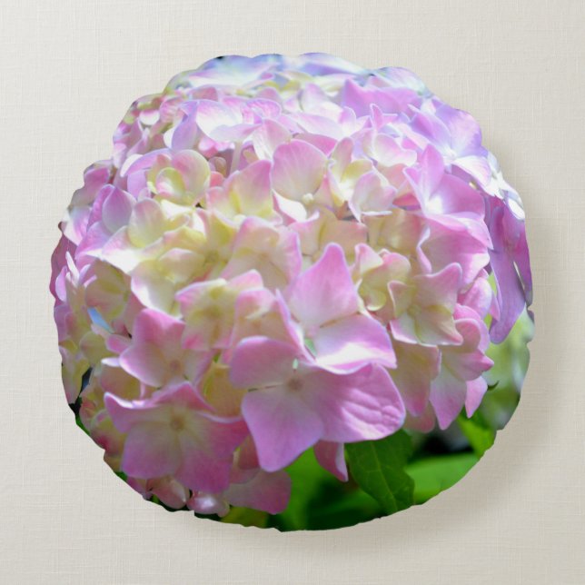 Soft pink yellow purple hydrangeas flowers round cushion (Front)