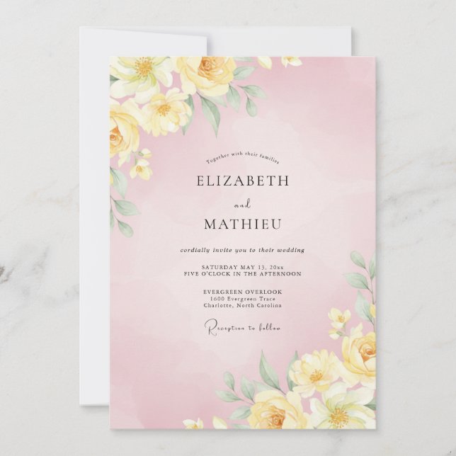 Soft Pink Yellow Ranunculus Eucalyptus Wedding Invitation (Front)
