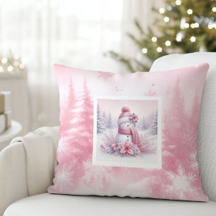 Soft Pinkmas Christmas Forest Snowman Pillow