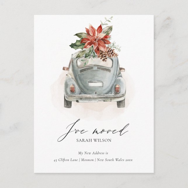 Soft Poinsettia Floral Christmas Car I have Moved Postcard (Front)