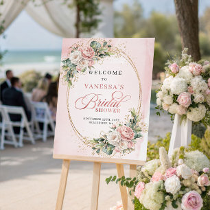 Soft Powder Pink Floral Eucalyptus Gold Welcome  Poster