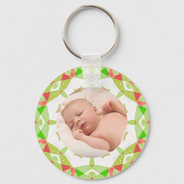 Soft Pretty Green Custom Merry Christmas Photo Key Ring (Front)