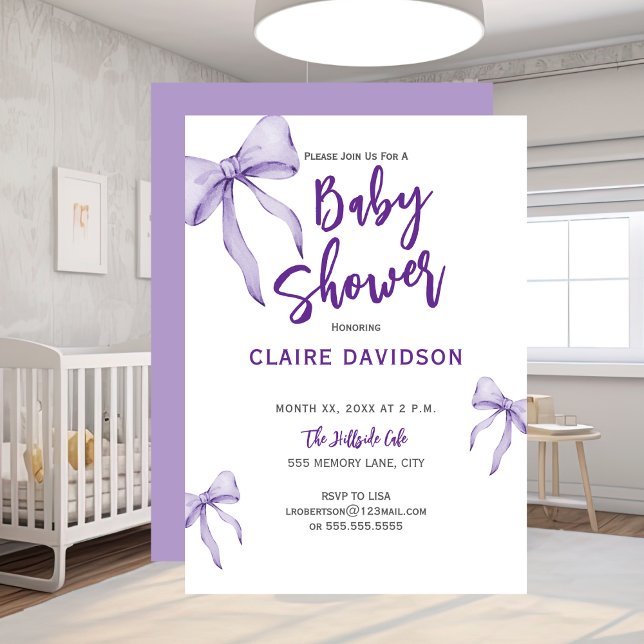  Soft Purple Baby Shower Invitation (Baby Shower Soft Purple Bows Invitation)